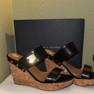 Tommy Hilfiger Black and Tan Wedge Sandals